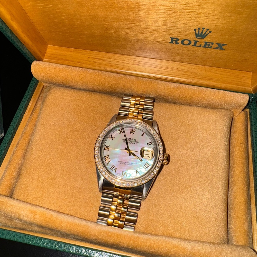 Rolex Date Just 2 Tone Perpetual Mother Of Pearl Custom Diamond Bezel